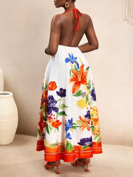 White Sexy Women's Plant-Print Suspender Wrap Dress - Picture 2 of 7